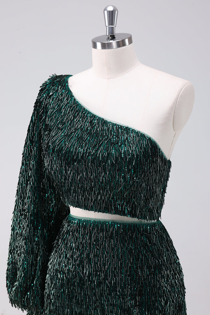 Load image into Gallery viewer, Sparkly Dark Green One Shoulder Tight Short Graduation Dress with Tassels