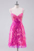 Load image into Gallery viewer, Sparkly Hot Pink A Line Spaghetti Straps Fringe Sequins Graduation Dress