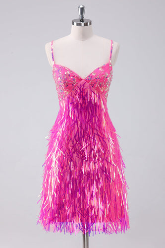 Sparkly Hot Pink A Line Spaghetti Straps Fringe Sequins Graduation Dress