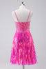 Load image into Gallery viewer, Sparkly Hot Pink A Line Spaghetti Straps Fringe Sequins Graduation Dress