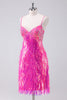 Load image into Gallery viewer, Sparkly Hot Pink A Line Spaghetti Straps Fringe Sequins Graduation Dress