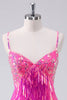 Load image into Gallery viewer, Sparkly Hot Pink A Line Spaghetti Straps Fringe Sequins Graduation Dress