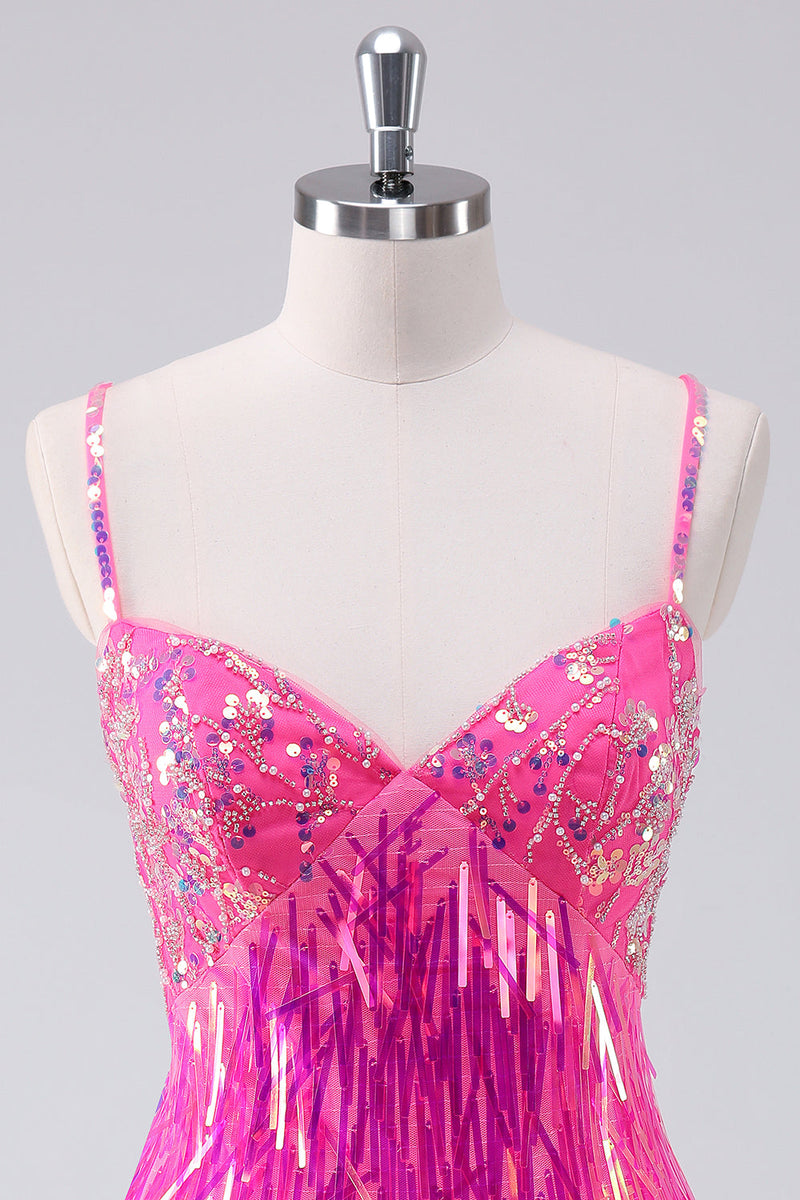 Load image into Gallery viewer, Sparkly Hot Pink A Line Spaghetti Straps Fringe Sequins Graduation Dress