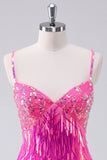 Sparkly Hot Pink A Line Spaghetti Straps Fringe Sequins Graduation Dress