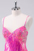 Load image into Gallery viewer, Sparkly Hot Pink A Line Spaghetti Straps Fringe Sequins Graduation Dress