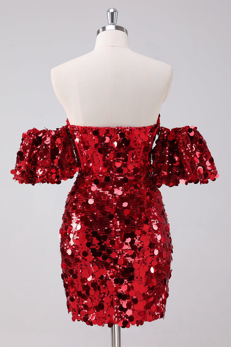 Load image into Gallery viewer, Red Sequins Tight Graduation Dress With Removable Sleeves