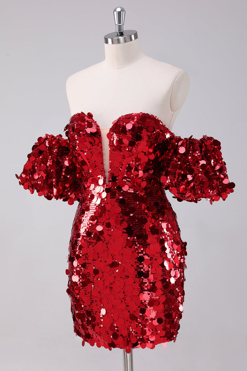 Load image into Gallery viewer, Red Sequins Tight Graduation Dress With Removable Sleeves