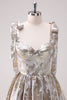 Load image into Gallery viewer, Silver Adjustable Straps A Line Short Metallic Graduation Dress with Ruffles