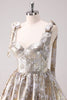 Load image into Gallery viewer, Silver Adjustable Straps A Line Short Metallic Graduation Dress with Ruffles