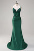 Load image into Gallery viewer, Dark Green Mermaid Spaghetti Straps Ruched Satin Long Prom Dress with Beading