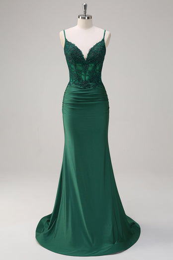 Dark Green Mermaid Spaghetti Straps Ruched Satin Long Prom Dress with Beading