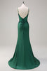 Load image into Gallery viewer, Dark Green Mermaid Spaghetti Straps Ruched Satin Long Prom Dress with Beading