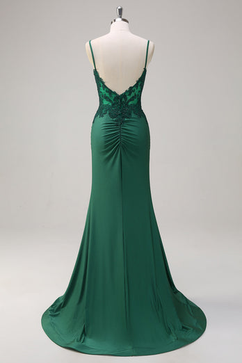 Dark Green Mermaid Spaghetti Straps Ruched Satin Long Prom Dress with Beading