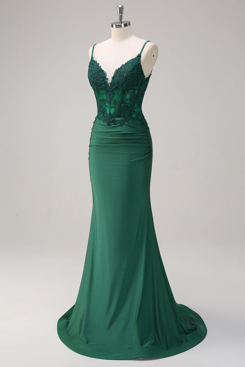 Load image into Gallery viewer, Dark Green Mermaid Spaghetti Straps Ruched Satin Long Prom Dress with Beading