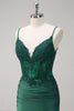 Load image into Gallery viewer, Dark Green Mermaid Spaghetti Straps Ruched Satin Long Prom Dress with Beading