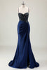 Load image into Gallery viewer, Dark Navy Mermaid Sparkly Sequins Spaghetti Straps Prom Dress with Slit