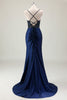 Load image into Gallery viewer, Dark Navy Mermaid Sparkly Sequins Spaghetti Straps Prom Dress with Slit