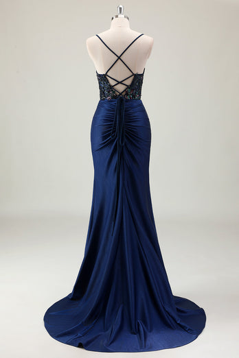 Dark Navy Mermaid Sparkly Sequins Spaghetti Straps Prom Dress with Slit