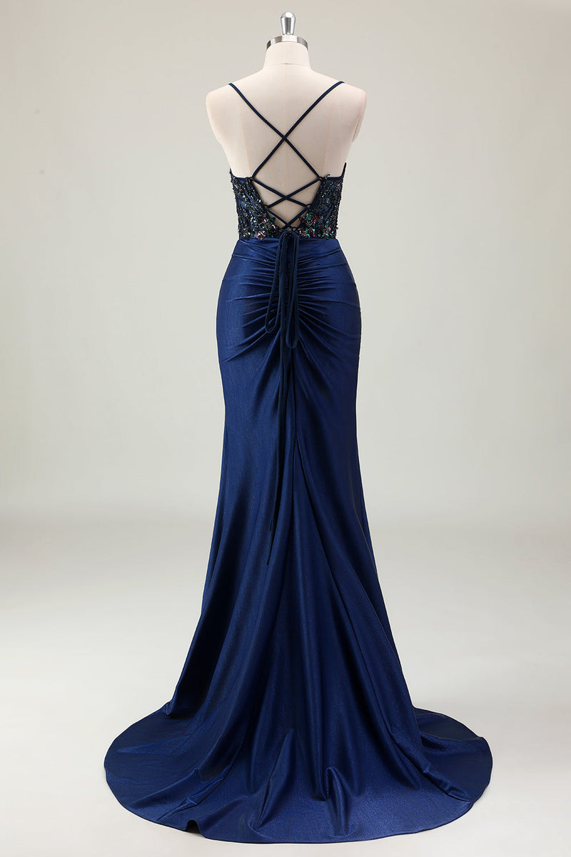 Load image into Gallery viewer, Dark Navy Mermaid Sparkly Sequins Spaghetti Straps Prom Dress with Slit