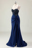 Load image into Gallery viewer, Dark Navy Mermaid Sparkly Sequins Spaghetti Straps Prom Dress with Slit