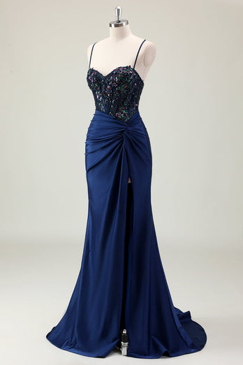 Dark Navy Mermaid Sparkly Sequins Spaghetti Straps Prom Dress with Slit