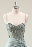 Sparkly Dusty Green Mermaid Sequins Spaghetti Straps Long Prom Dress with Slit