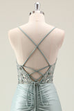 Sparkly Dusty Green Mermaid Sequins Spaghetti Straps Long Prom Dress with Slit