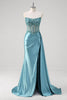 Load image into Gallery viewer, Grey Blue Mermaid Strapless Corset Sequined Satin Prom Dress