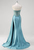 Load image into Gallery viewer, Grey Blue Mermaid Strapless Corset Sequined Satin Prom Dress