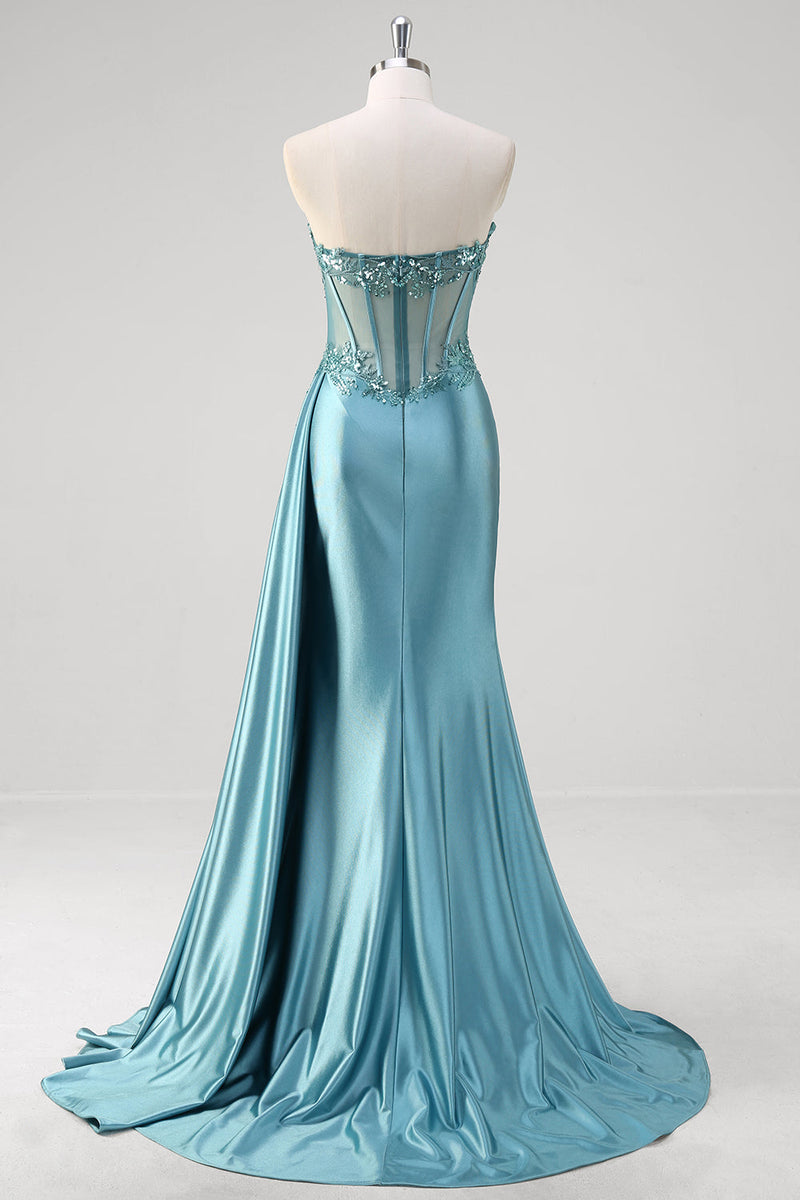 Load image into Gallery viewer, Grey Blue Mermaid Strapless Corset Sequined Satin Prom Dress