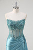 Load image into Gallery viewer, Grey Blue Mermaid Strapless Corset Sequined Satin Prom Dress