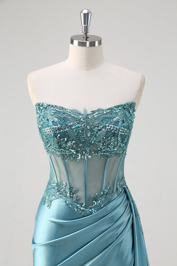 Grey Blue Mermaid Strapless Corset Sequined Satin Prom Dress