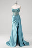 Load image into Gallery viewer, Grey Blue Mermaid Strapless Corset Sequined Satin Prom Dress