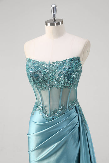 Grey Blue Mermaid Strapless Corset Sequined Satin Prom Dress