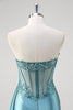 Load image into Gallery viewer, Grey Blue Mermaid Strapless Corset Sequined Satin Prom Dress