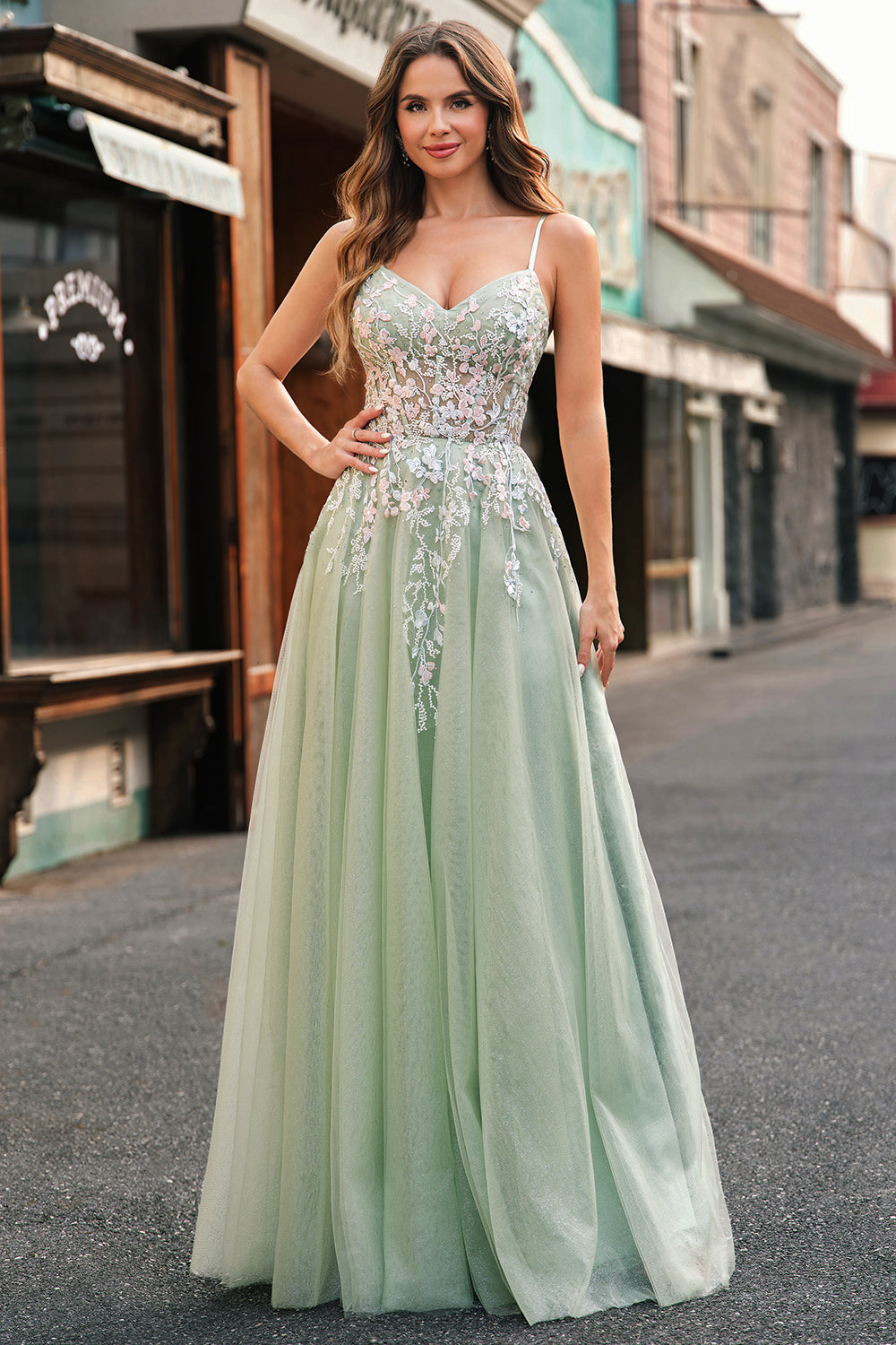 Sage Tulle A-Line Spaghetti Straps Long Prom Dress with Appliques