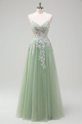 Sage A Line Spaghetti Straps Tulle Long Prom Dress with Appliques