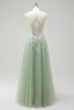 Load image into Gallery viewer, Sage A Line Spaghetti Straps Tulle Long Prom Dress with Appliques