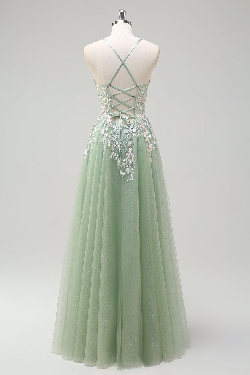 Load image into Gallery viewer, Sage A Line Spaghetti Straps Tulle Long Prom Dress with Appliques