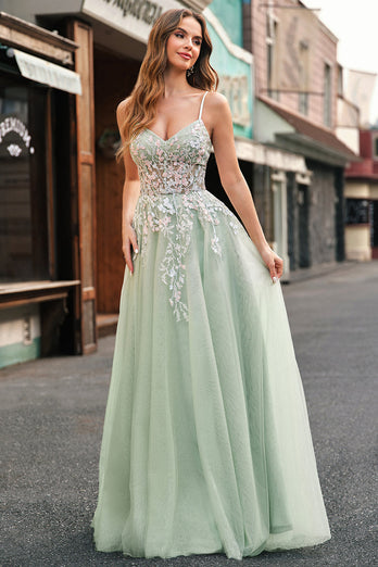 Sage Tulle A-Line Spaghetti Straps Long Prom Dress with Appliques