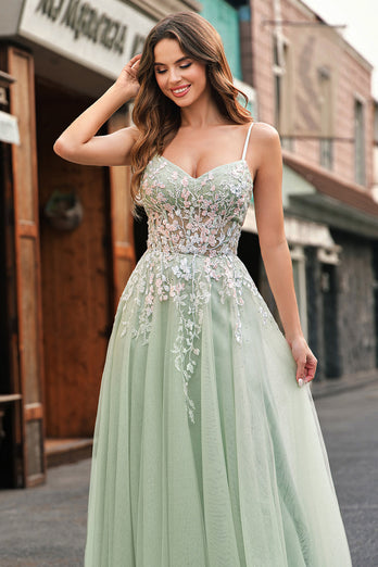 Sage Tulle A-Line Spaghetti Straps Long Prom Dress with Appliques