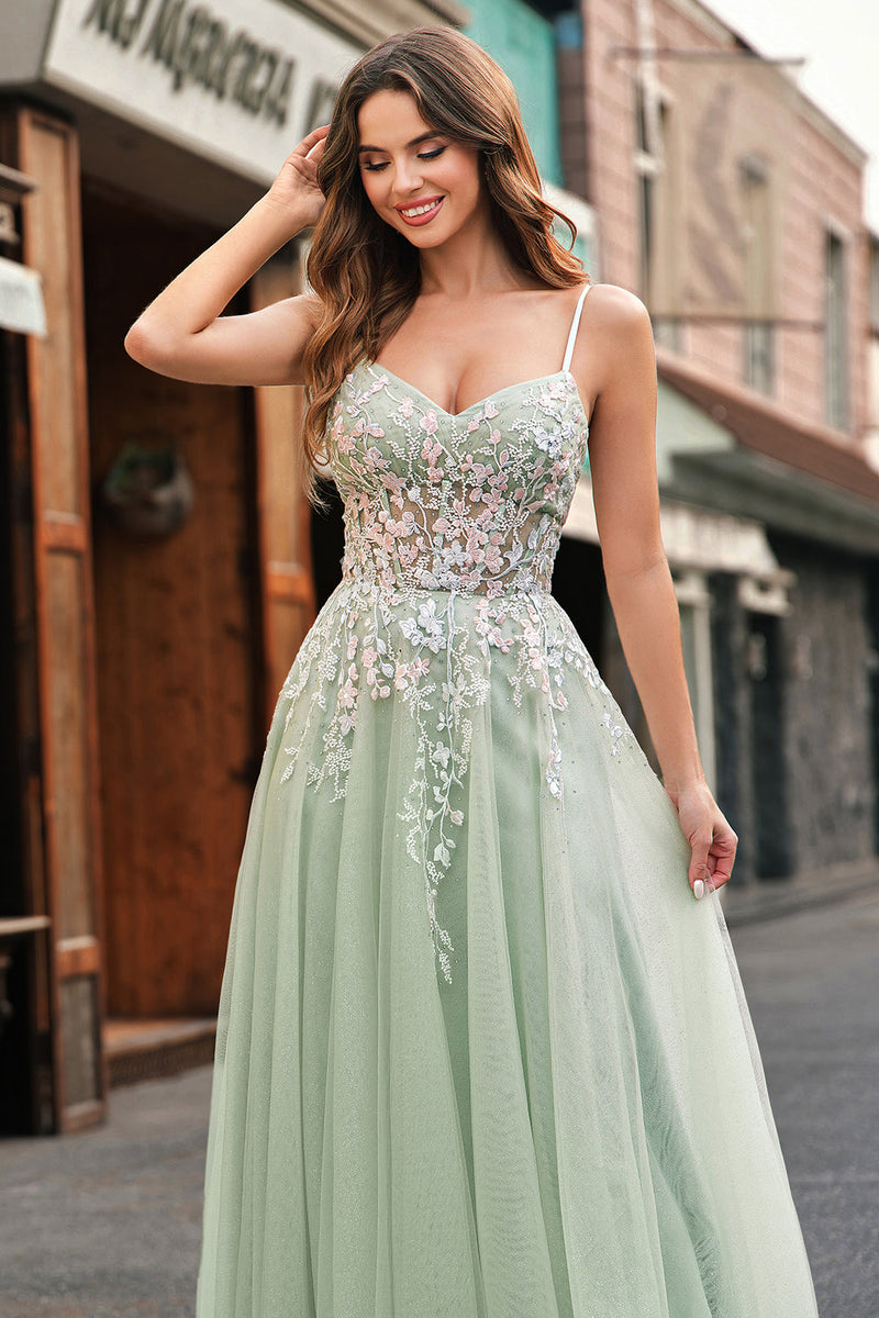 Load image into Gallery viewer, Sage Tulle A-Line Spaghetti Straps Long Prom Dress with Appliques