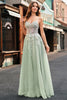 Load image into Gallery viewer, Sage Tulle A-Line Spaghetti Straps Long Prom Dress with Appliques