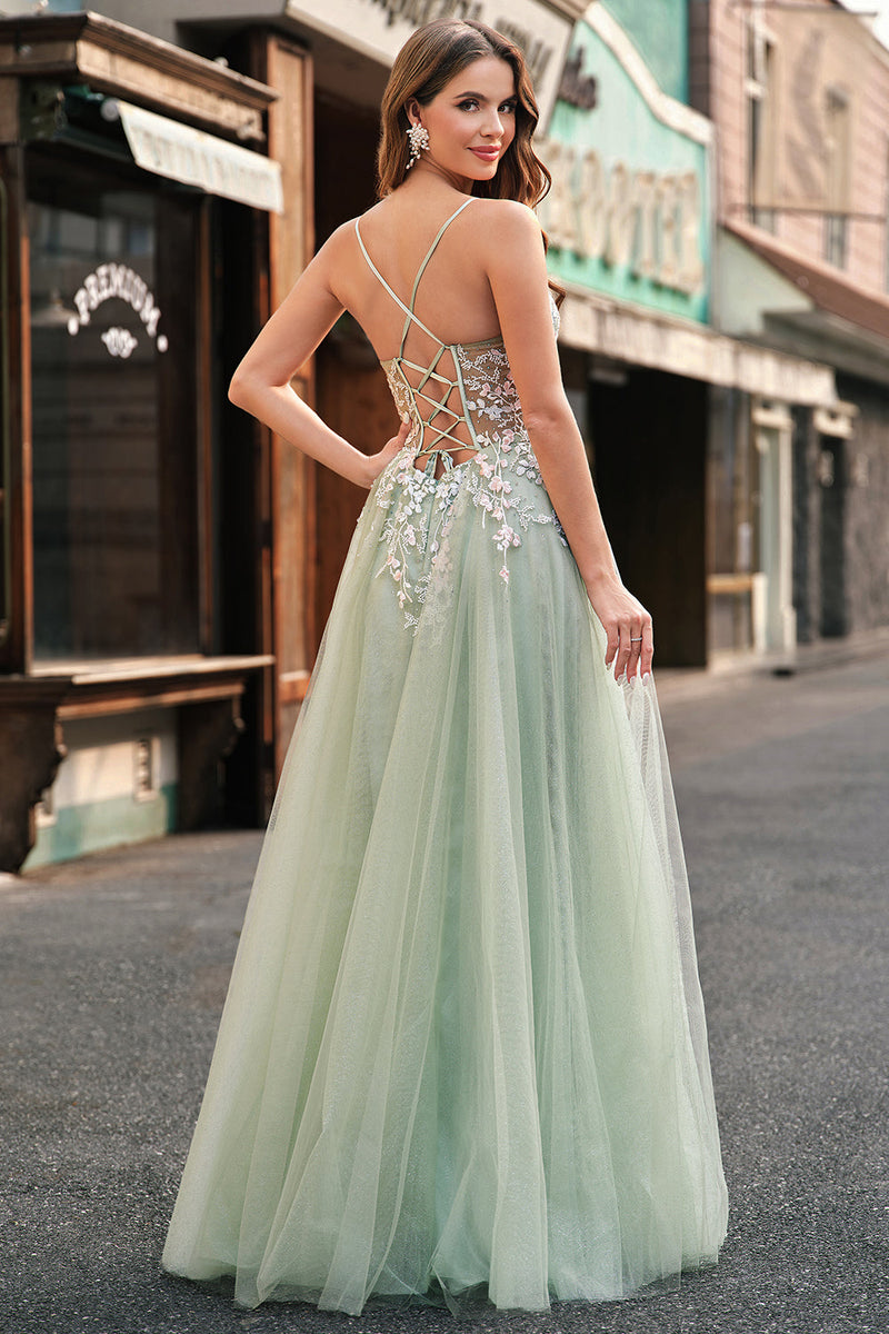 Load image into Gallery viewer, Sage Tulle A-Line Spaghetti Straps Long Prom Dress with Appliques