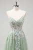 Load image into Gallery viewer, Sage A Line Spaghetti Straps Tulle Long Prom Dress with Appliques