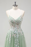 Sage A Line Spaghetti Straps Tulle Long Prom Dress with Appliques