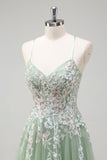 Sage A Line Spaghetti Straps Tulle Long Prom Dress with Appliques