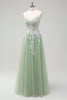 Load image into Gallery viewer, Sage A Line Spaghetti Straps Tulle Long Prom Dress with Appliques