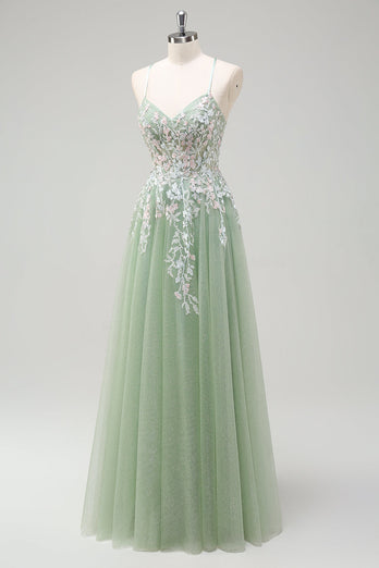 Sage A Line Spaghetti Straps Tulle Long Prom Dress with Appliques