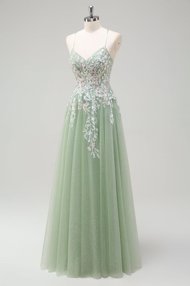 Load image into Gallery viewer, Sage A Line Spaghetti Straps Tulle Long Prom Dress with Appliques